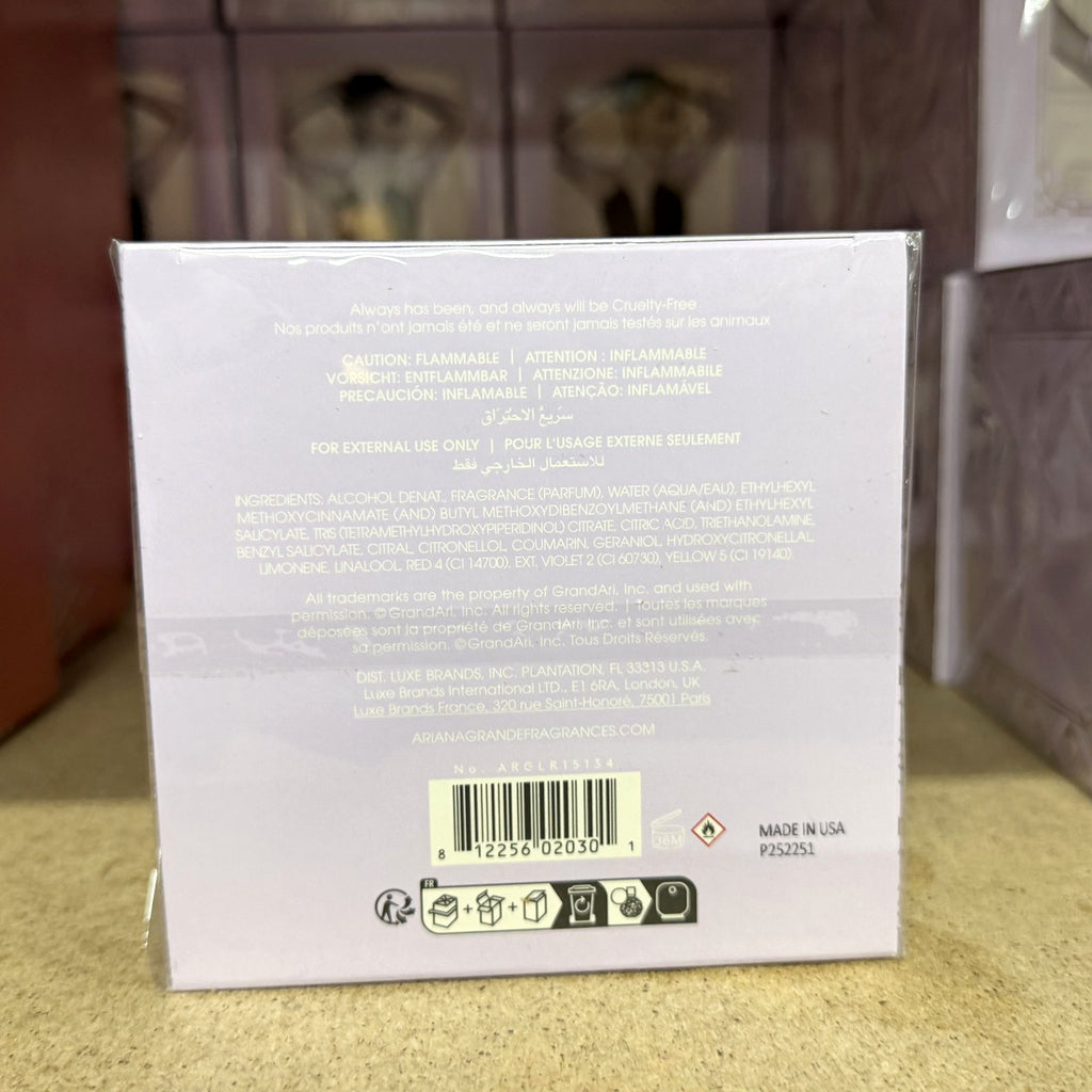 Ariana Grande ARI Eau de Parfum, back of the box with batch code and barcode