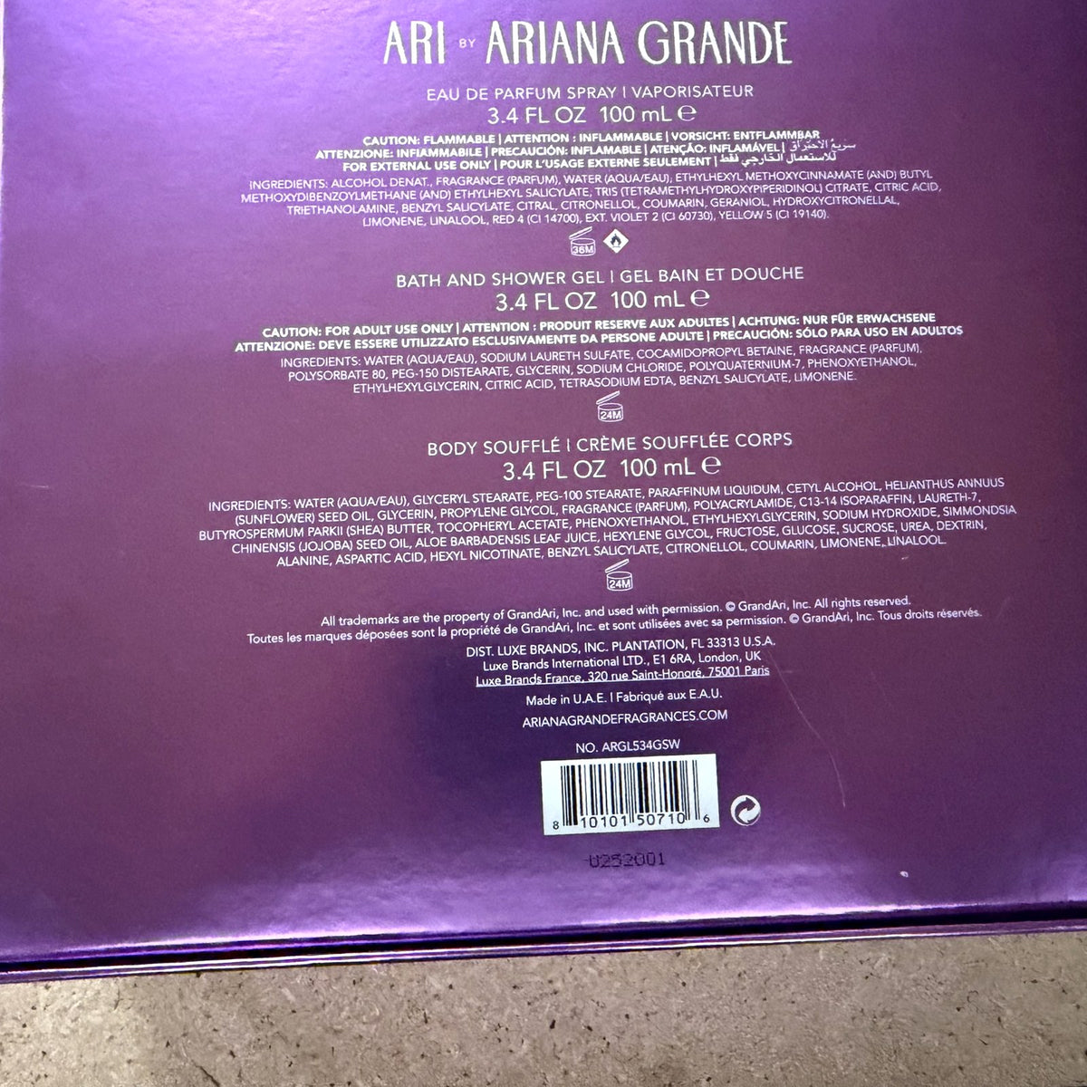 Ariana Grande ARI gift set, back of the box with contents and barcode