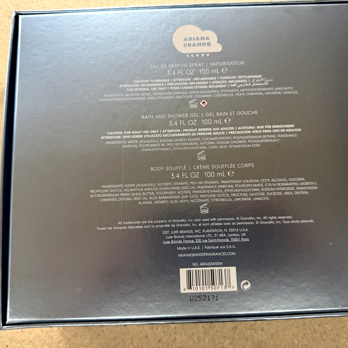 Ariana Grande Cloud gift set, back of the box with barcode