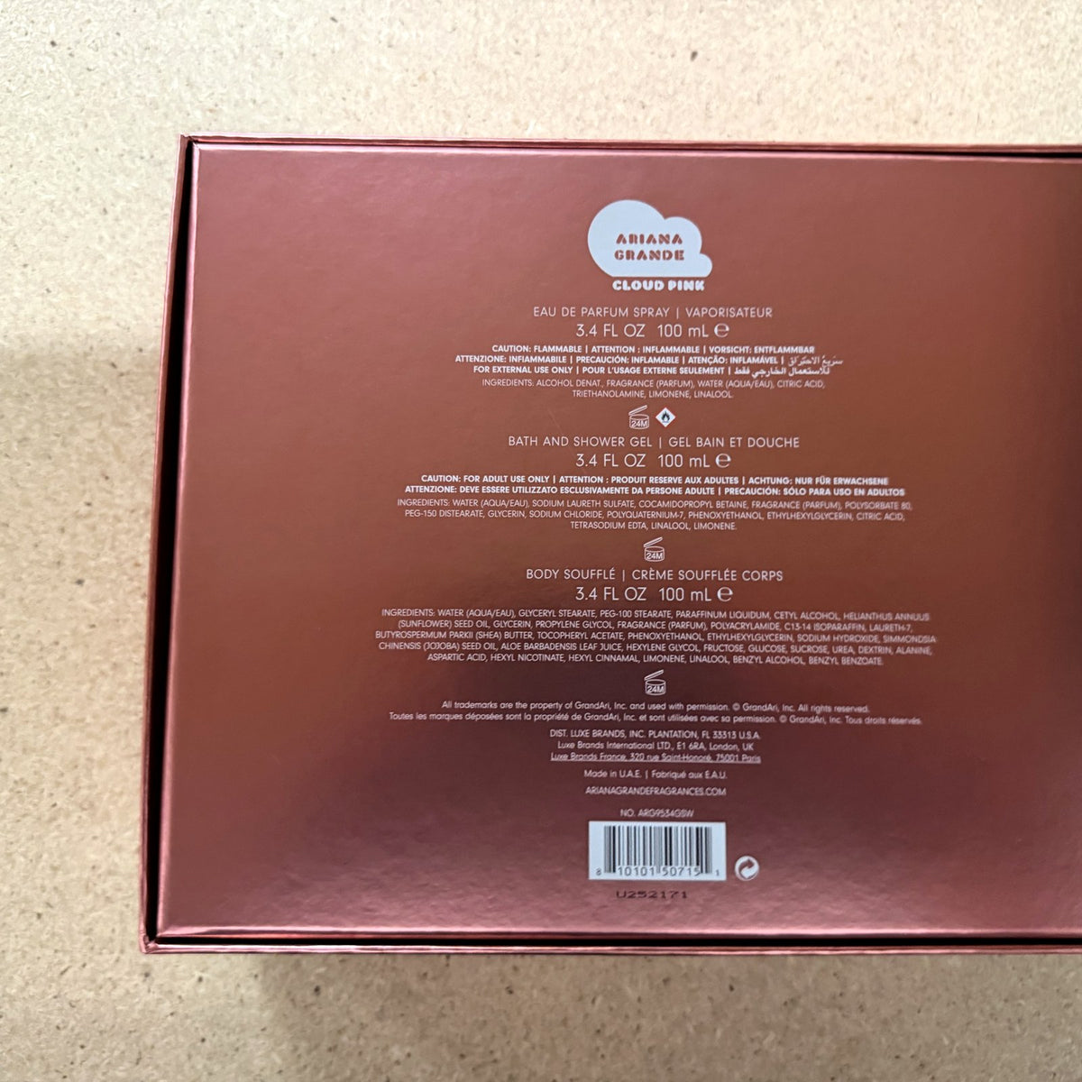 Ariana Grande Cloud Pink gift set, back of the box with barcode