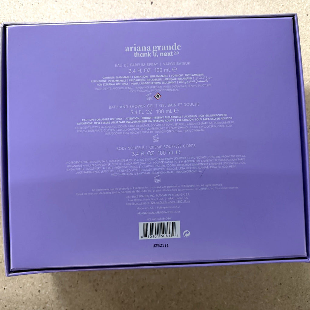 Ariana Grande thank u, next 2.0 gift set, back of the box with barcode