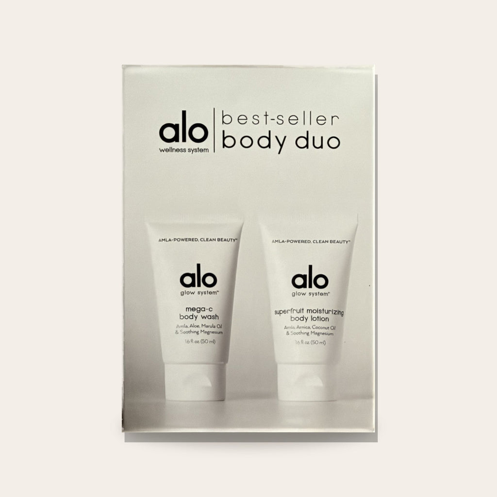 Alo Glow System Best-Seller Body Duo box, front with both tubes