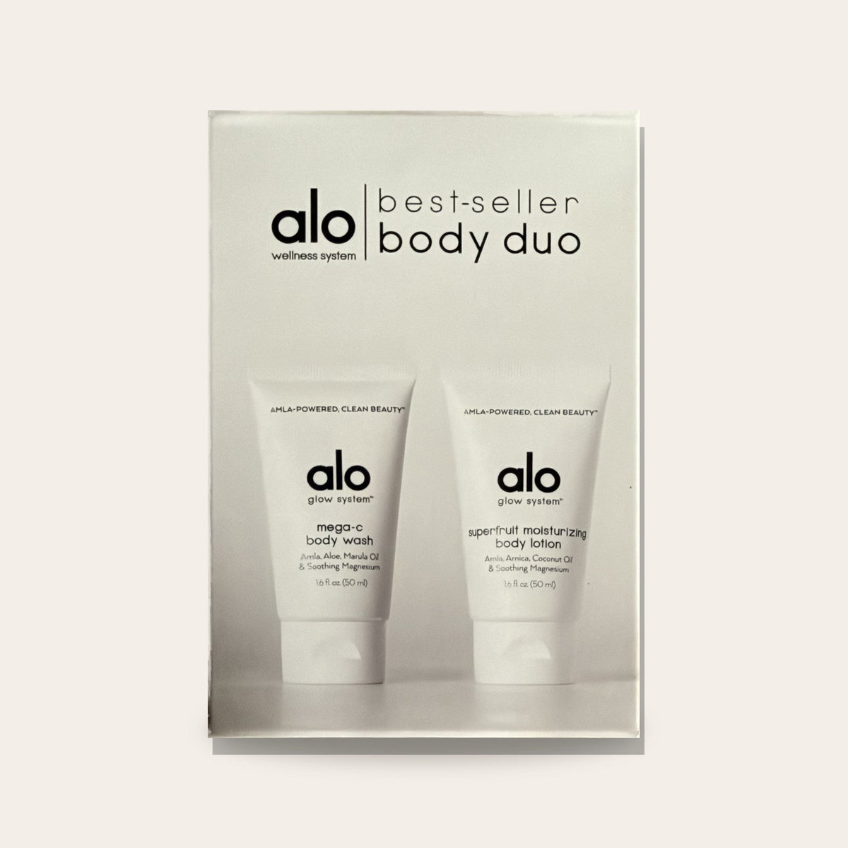 Alo Glow System Best-Seller Body Duo box, front with both tubes