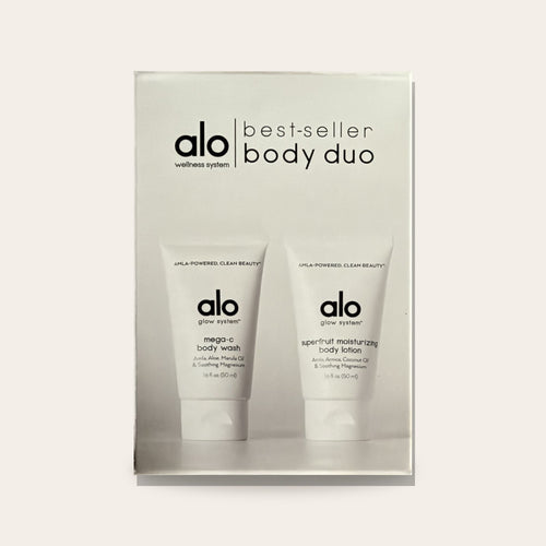 Alo Glow System Best-Seller Body Duo box, front with both tubes