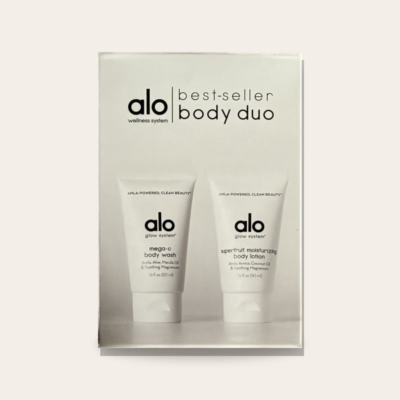 Alo Glow System Best-Seller Body Duo box, front with both tubes