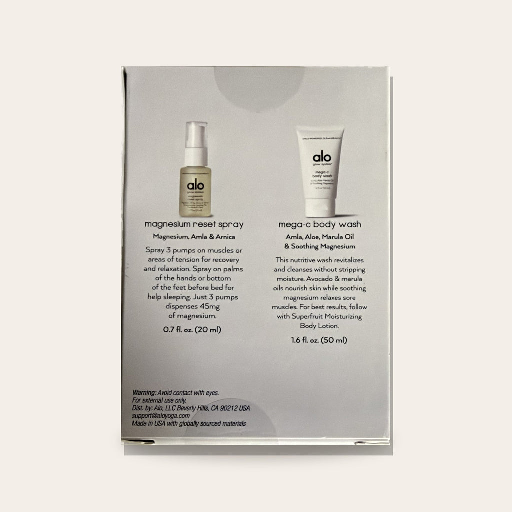 Alo Best-Seller Mini Duo box back with product descriptions
