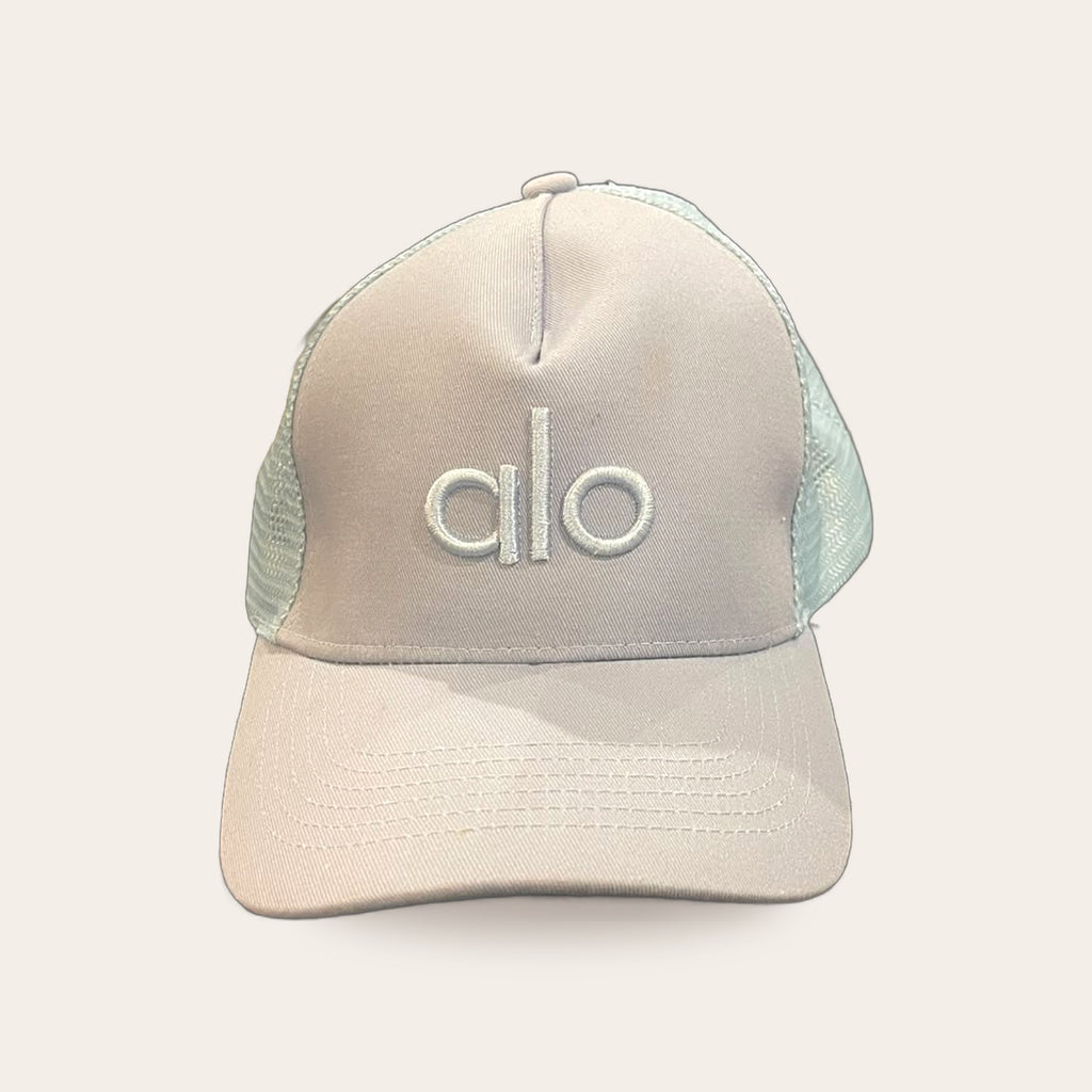 Alo Yoga District Trucker Hat in Sky Blue, front view – real photo of the item