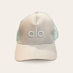 Alo Yoga District Trucker Hat in Sky Blue, front view – real photo of the item