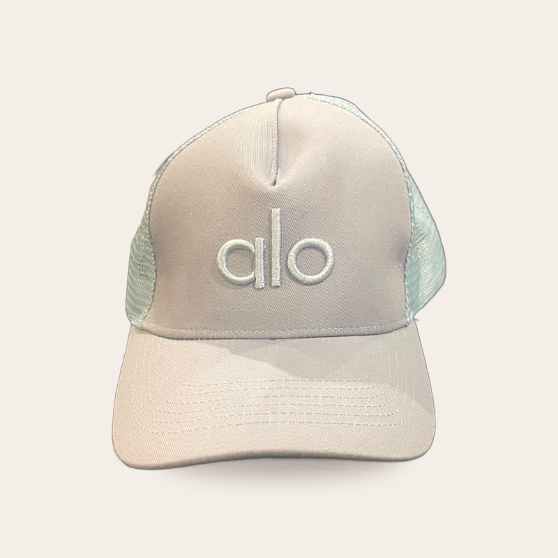 Alo Yoga District Trucker Hat in Sky Blue, front view – real photo of the item