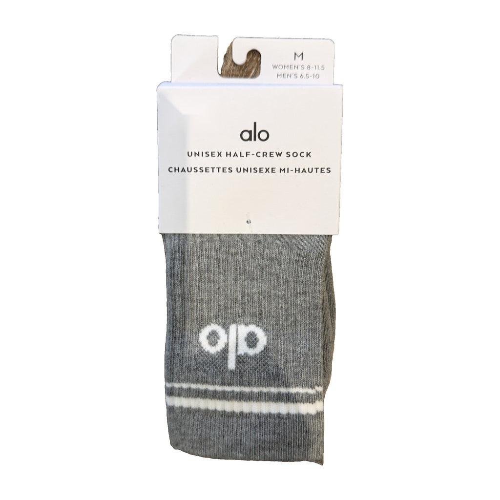 Alo Yoga Unisex Half-Crew Throwback Sock in Athletic Heather Grey – real photo, in original packaging
