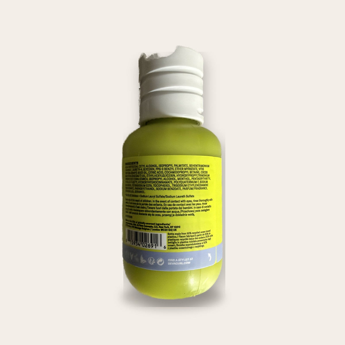 DevaCurl No-Poo Original 3 oz bottle back with ingredients