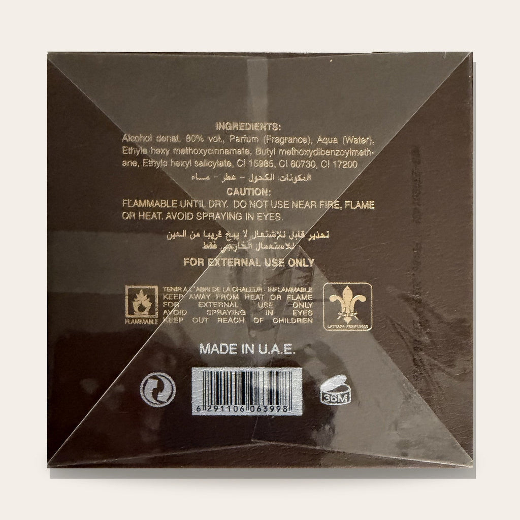 Lattafa 24 Carat Pure Gold box back with ingredients and barcode