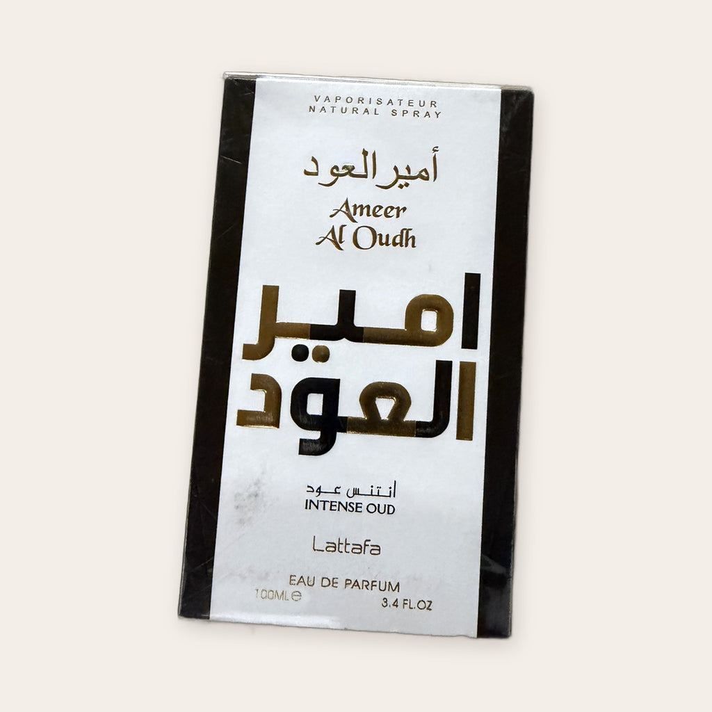 Lattafa Ameer Al Oudh Intense Oud Eau de Parfum 100 mL, front of the sealed box