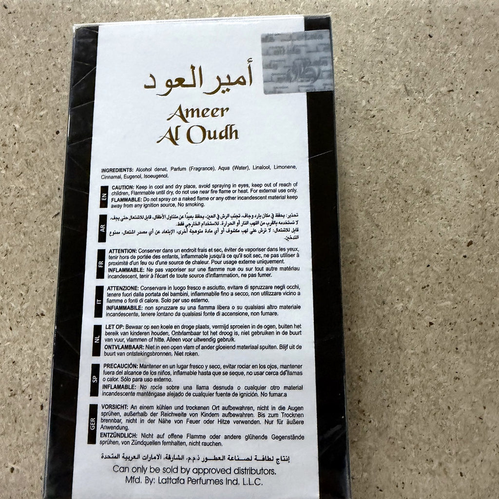 Lattafa Ameer Al Oudh Intense Oud, back of the box