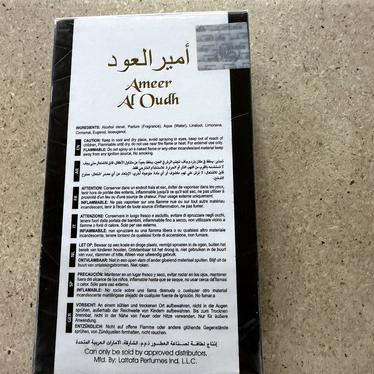 Lattafa Ameer Al Oudh Intense Oud, back of the box