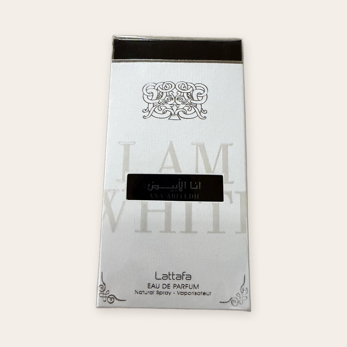 Lattafa Ana Abiyedh (I Am White) Eau de Parfum 60 mL, front of the sealed box