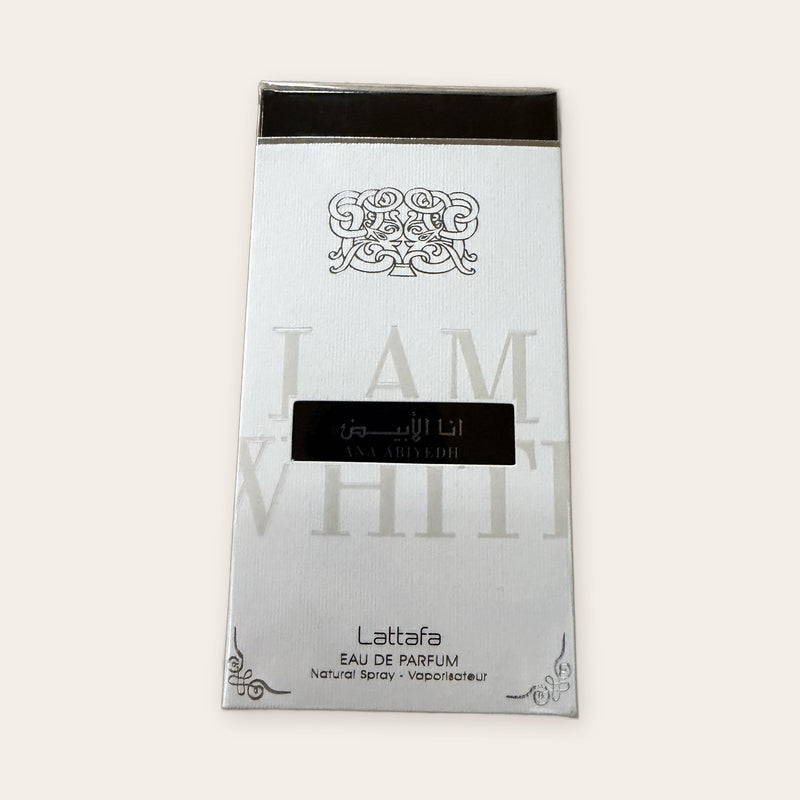 Lattafa Ana Abiyedh (I Am White) Eau de Parfum 60 mL, front of the sealed box