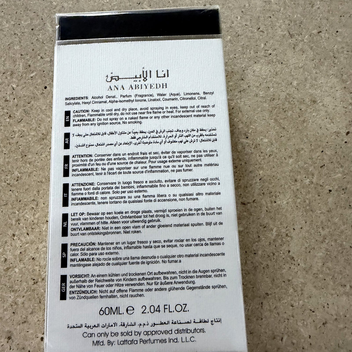 Lattafa Ana Abiyedh, back of the box