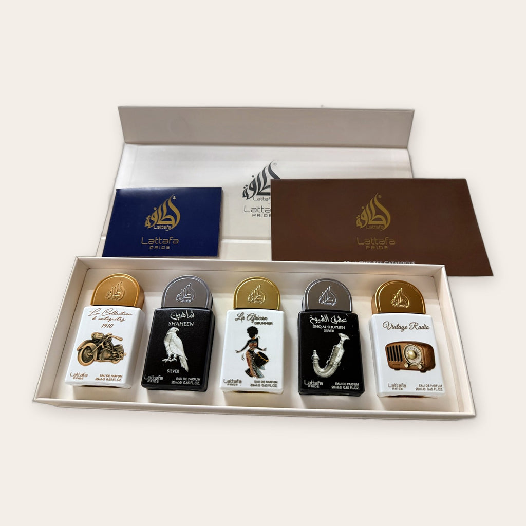 Lattafa Pride discovery set opened, showing the five 20 mL bottles