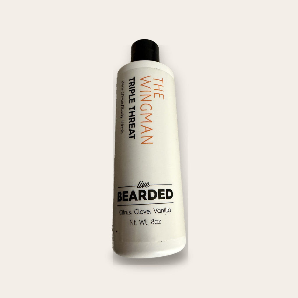 Live Bearded The Wingman Triple Threat wash 8 oz bottle, front