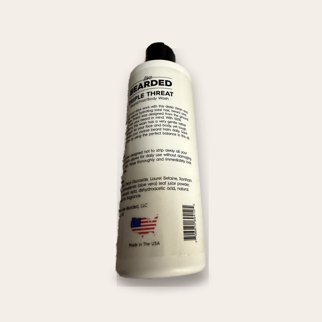 Live Bearded Triple Threat wash bottle with ingredients