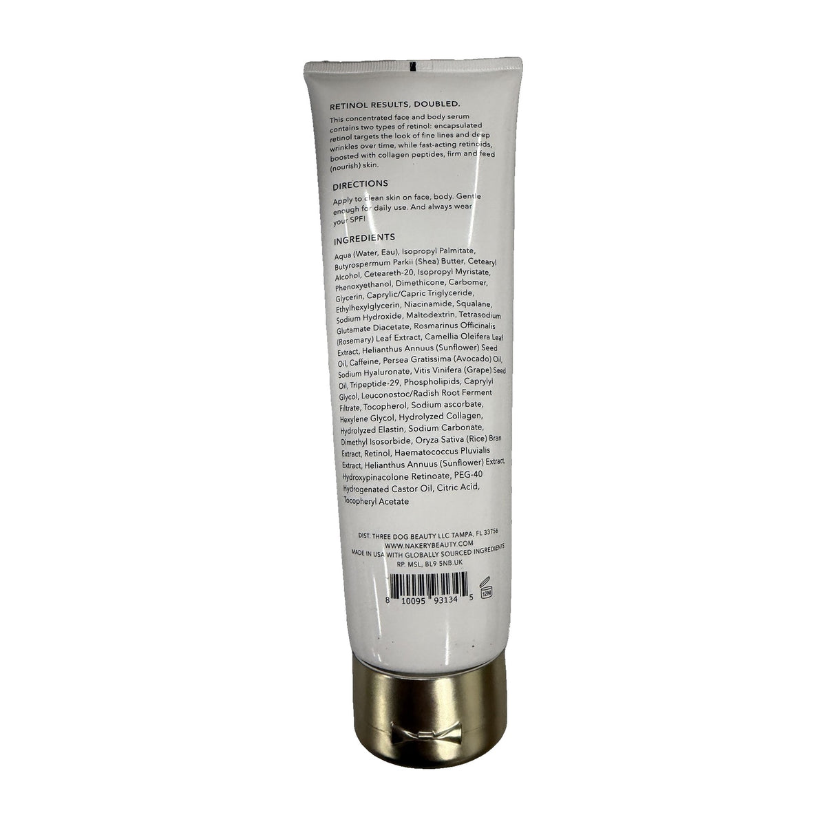 Nakery Double Retinol + Collagen treatment tube back with directions and ingredients