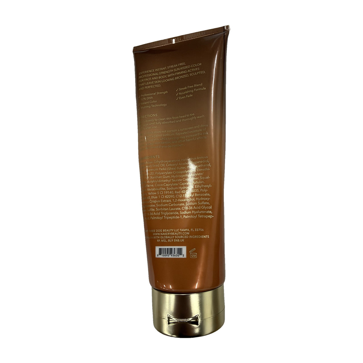 Nakery Endless Bronze Rapid Tan Lotion tube back with directions and ingredients