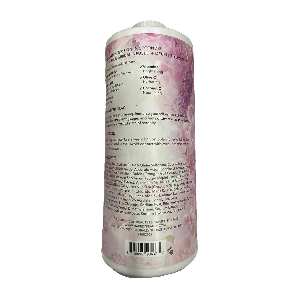 Nakery SkinRenew Face, Body + Hair Wash 1 L bottle back with benefits and ingredients