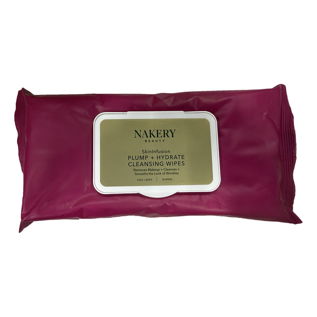 Nakery Beauty SkinInfusion Plump + Hydrate Cleansing Wipes 30 count pack, front