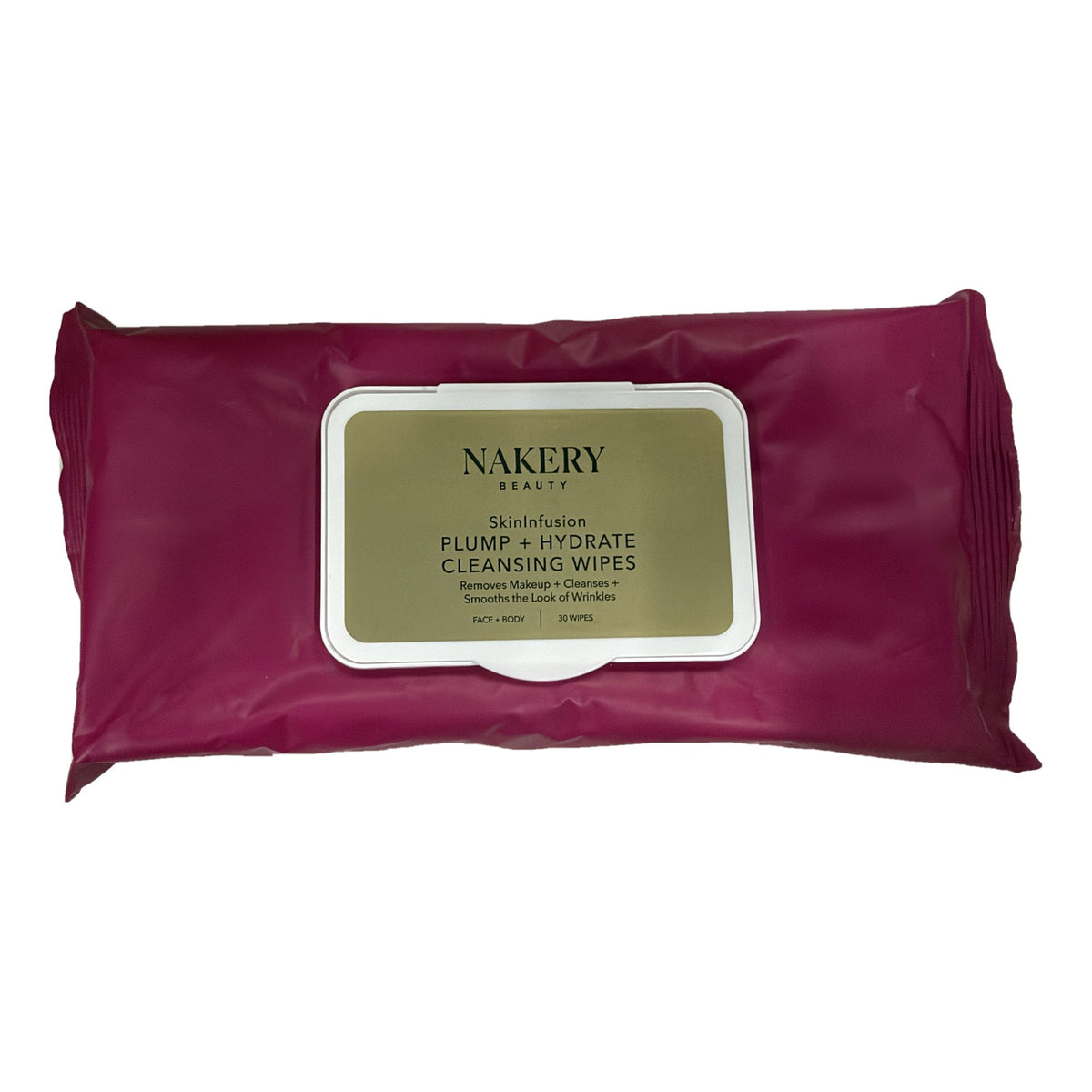 Nakery Beauty SkinInfusion Plump + Hydrate Cleansing Wipes 30 count pack, front