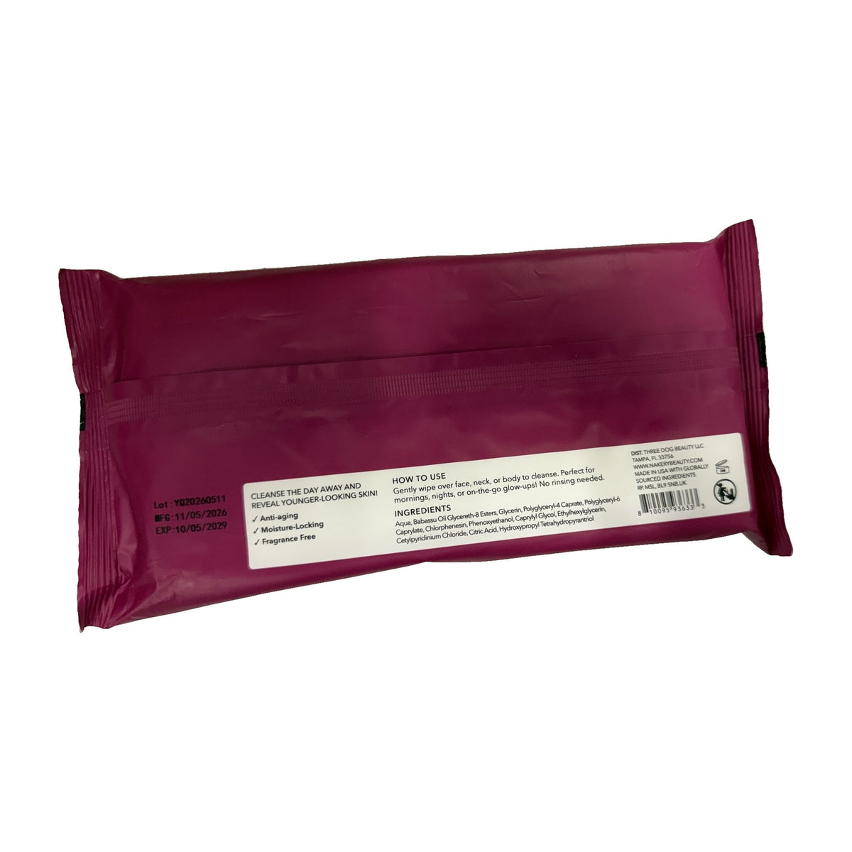 Nakery Plump + Hydrate Cleansing Wipes pack back with how to use and ingredients