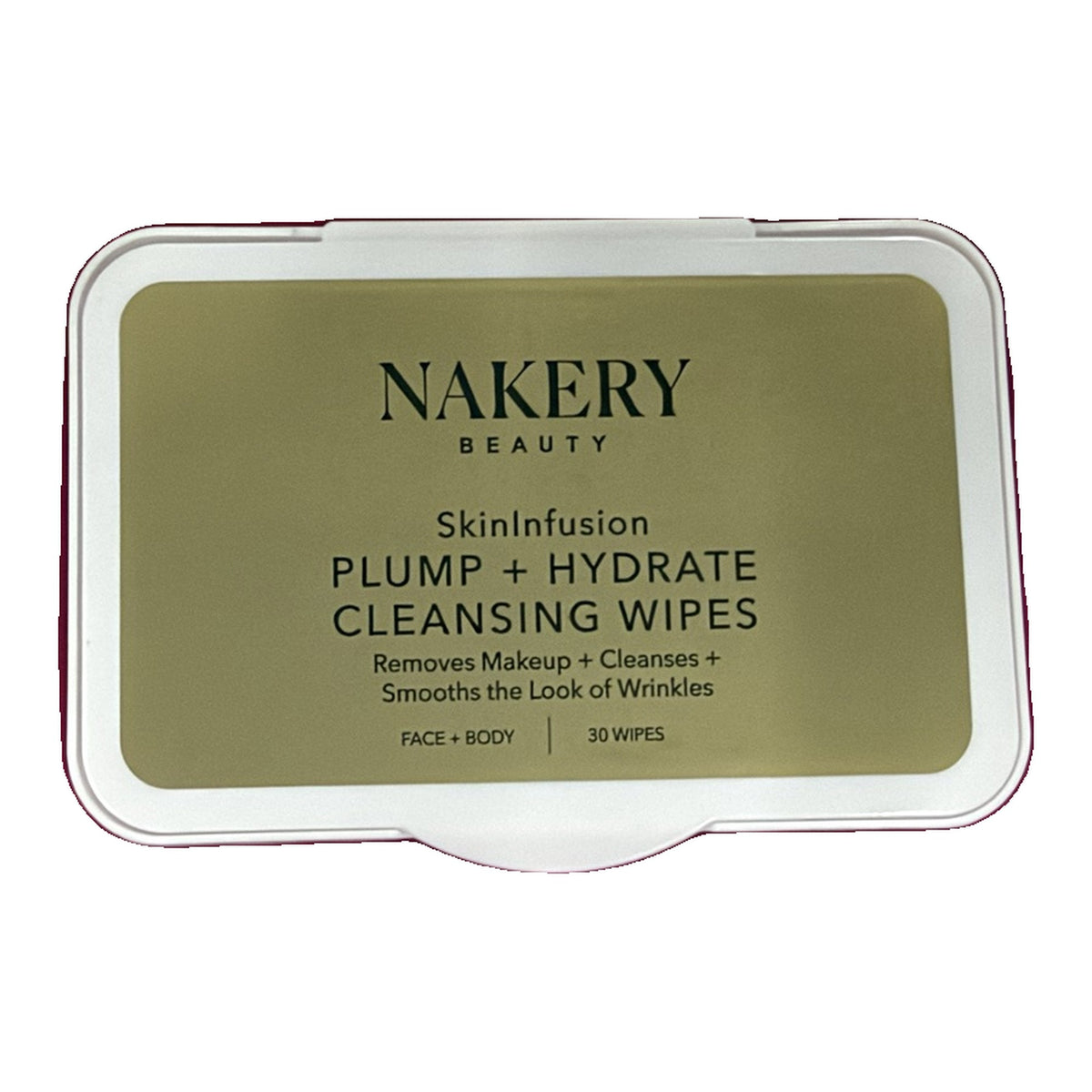Nakery Plump + Hydrate Cleansing Wipes lid: removes makeup, face + body, 30 wipes