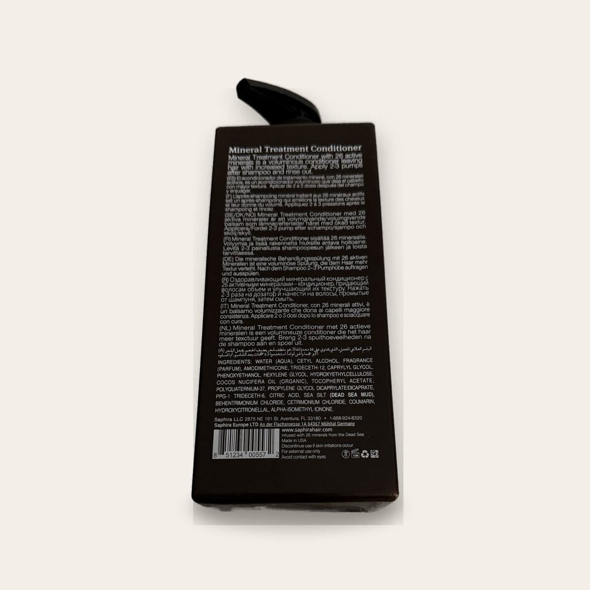 Saphira Mineral Treatment Conditioner Volume back label with ingredients and barcode