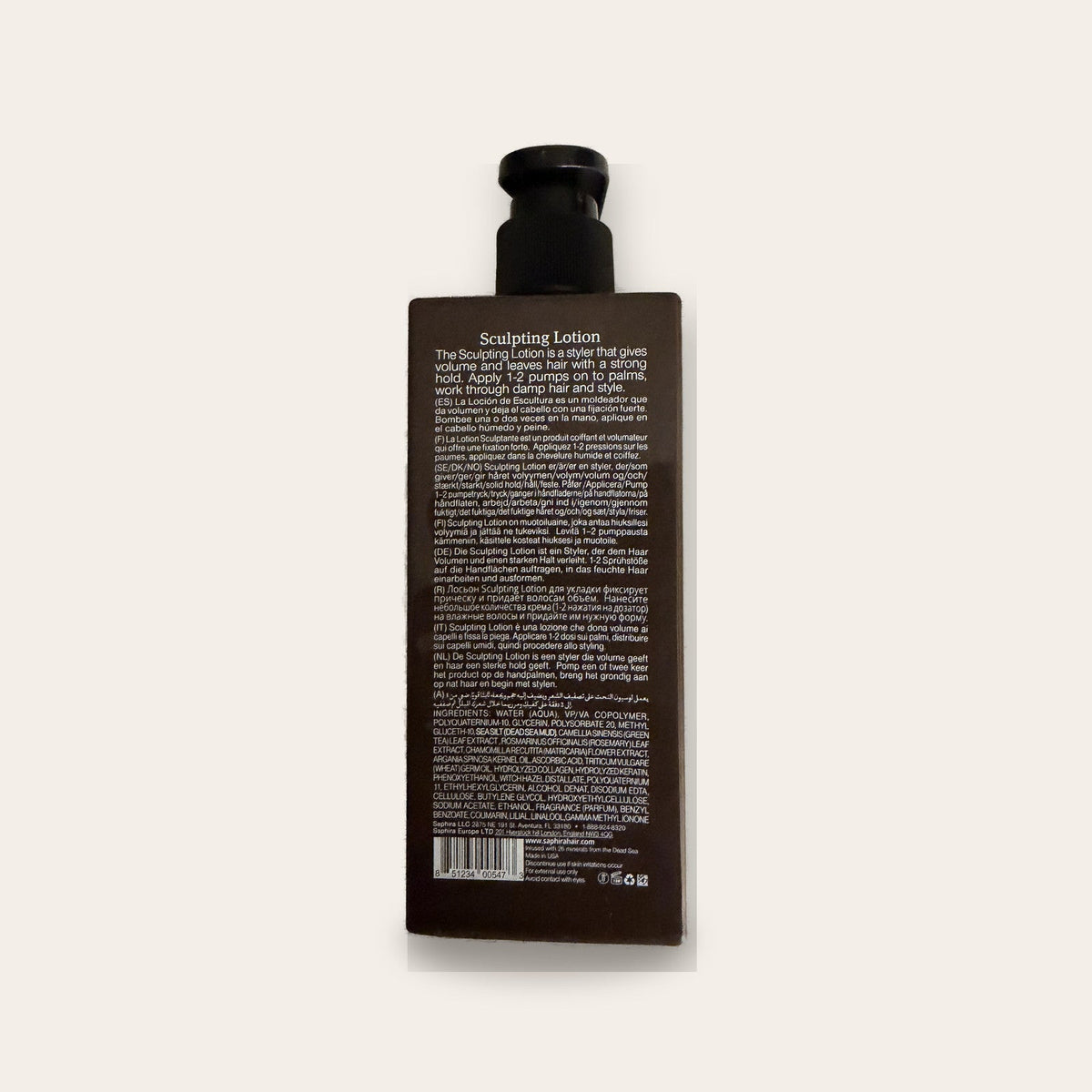 Saphira Sculpting Lotion back label with directions