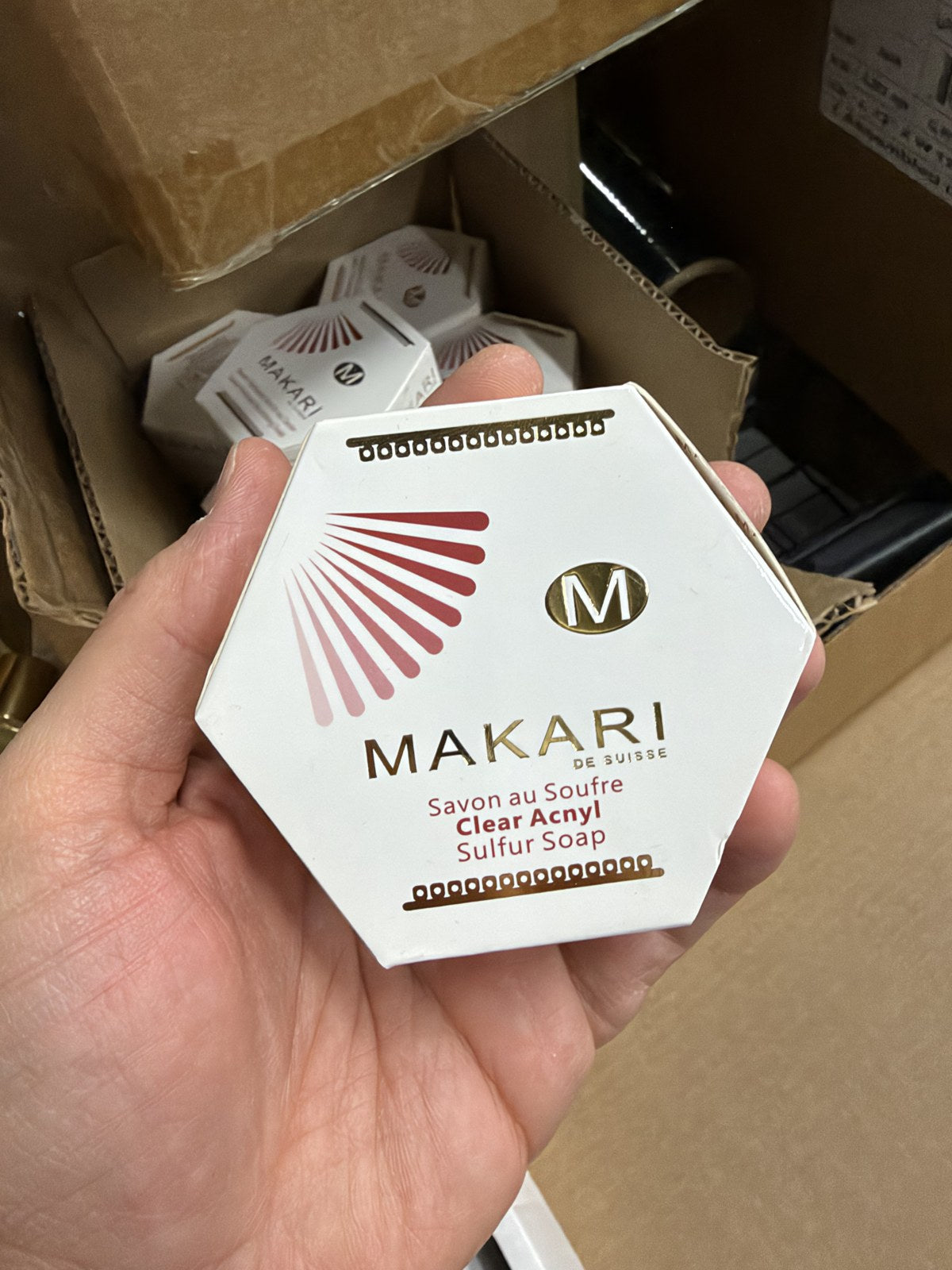 Makari Clear Acnyl Sulfur Soap box in hand