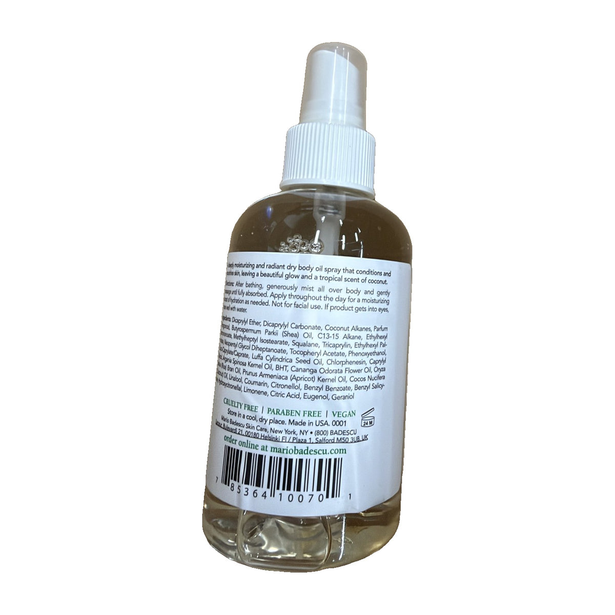 Mario Badescu Coconut Body Oil bottle back with ingredients